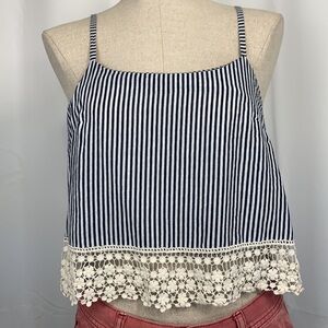 Moon Lace Edged Crop Top - Blue/White Stripes, Size Small, Cotton